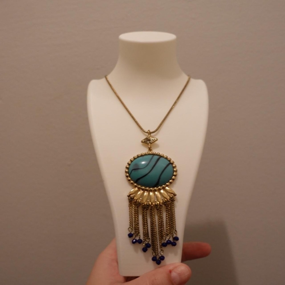 Statement Necklace Gold Tone Turquoise Blue Pendant Long Chain Tassel Boho
